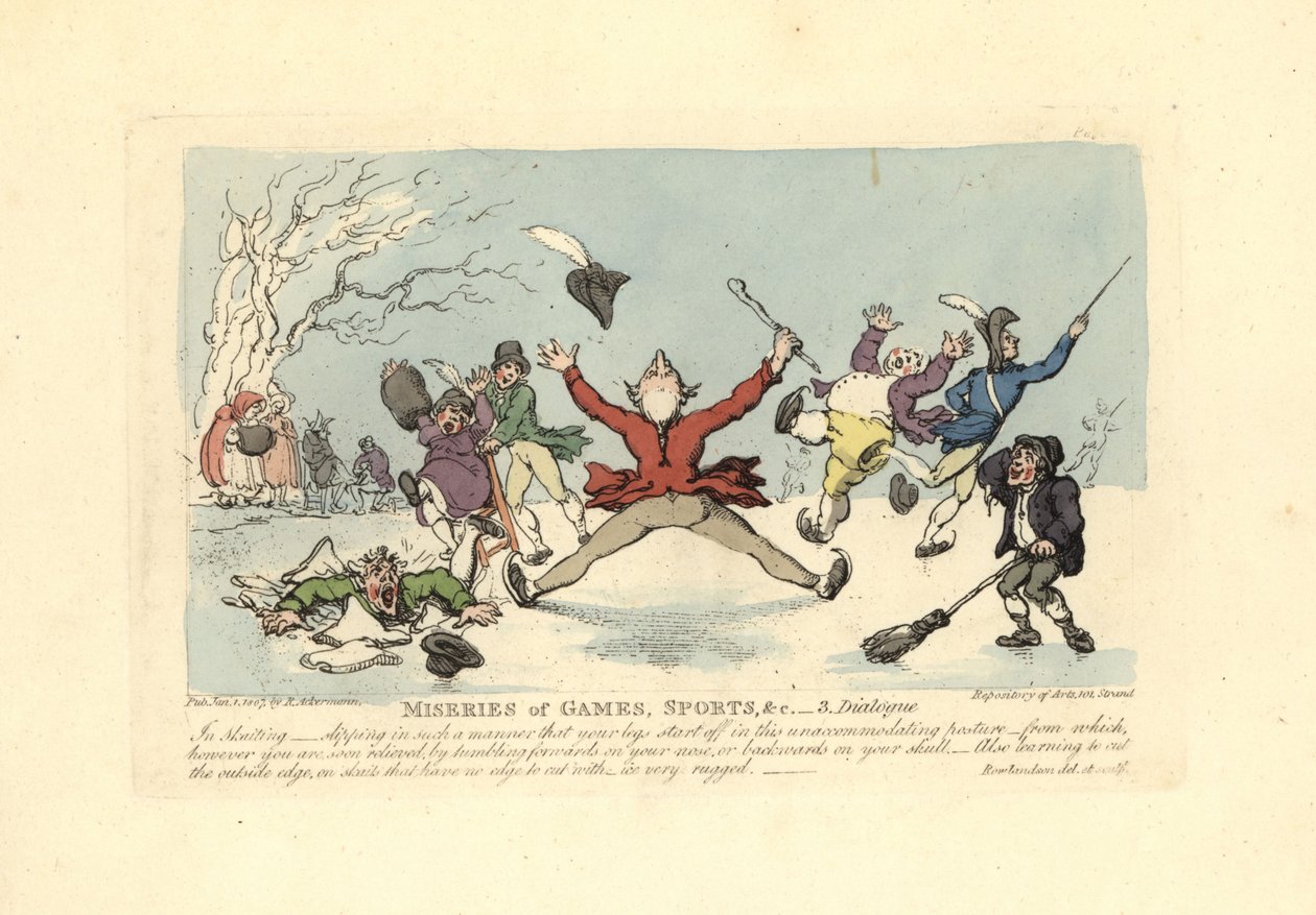 Hommes tombant en patins à glace, un autre tombant à travers la glace, etc. - Thomas Rowlandson
