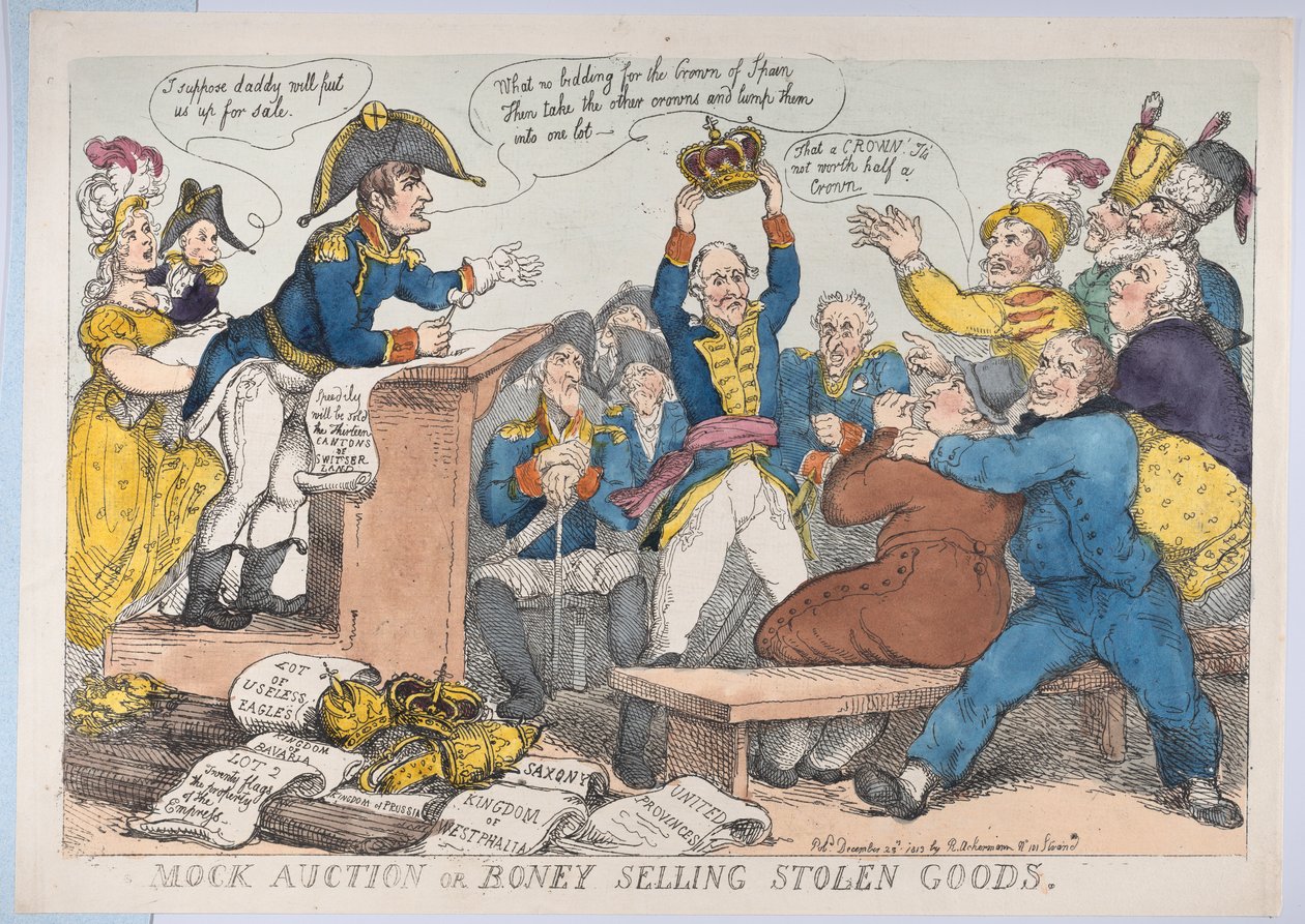 Vente aux enchères simulée ou Boney vendant des biens volés, 25 décembre 1813 - Thomas Rowlandson