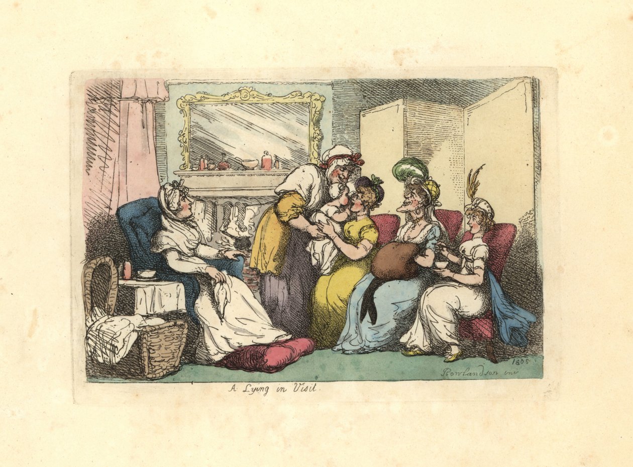 Mère avec nouveau-né visitée par plusieurs femmes dans un salon - Thomas Rowlandson