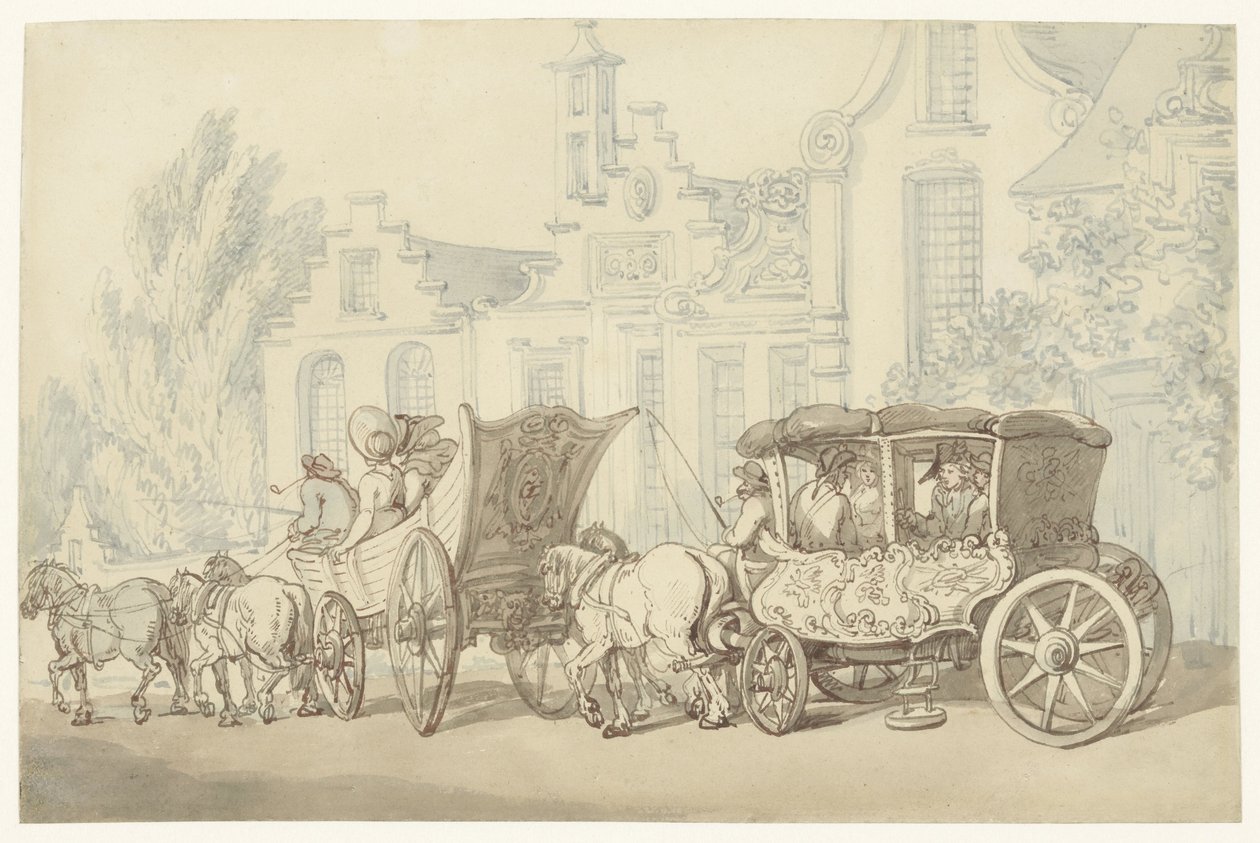 Voiture de voyage ouverte et carrosse dans une rue quasi-hollandaise - Thomas Rowlandson