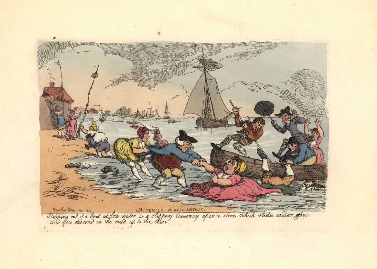 Passagers glissant et tombant dans la boue de la rivière - Thomas Rowlandson