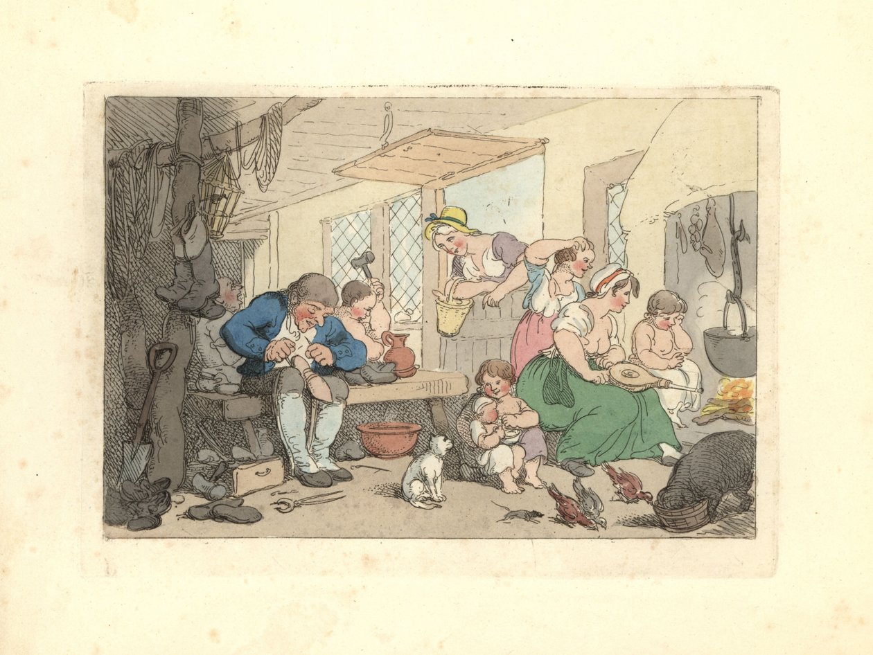 Cordonnerie de la Régence réparant des chaussures dans une pièce bondée - Thomas Rowlandson