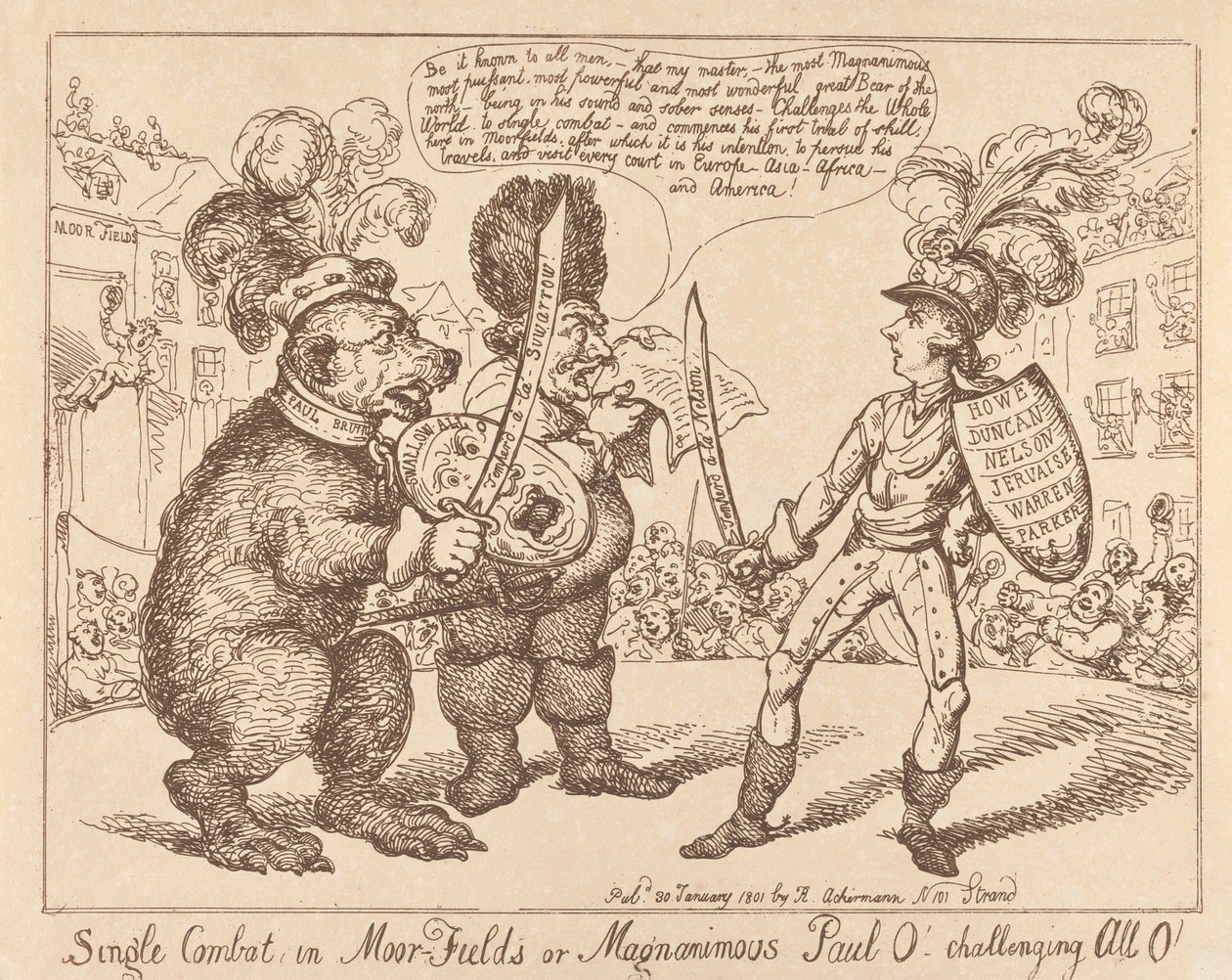 Combat singulier dans les champs de Moor ou Paol le Magnanime défie tout le monde - Thomas Rowlandson
