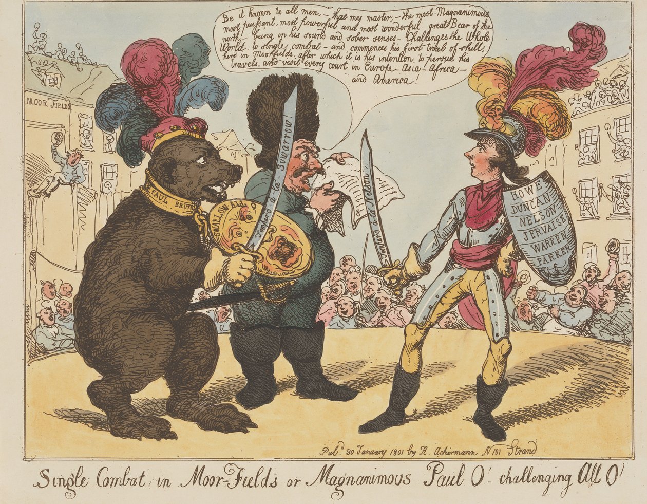 « Combat singulier, à Moorfields, ou Paul le Magnanime ! – Je défie tout le monde ! » (extrait de : Caricature, vol. 4) - Thomas Rowlandson