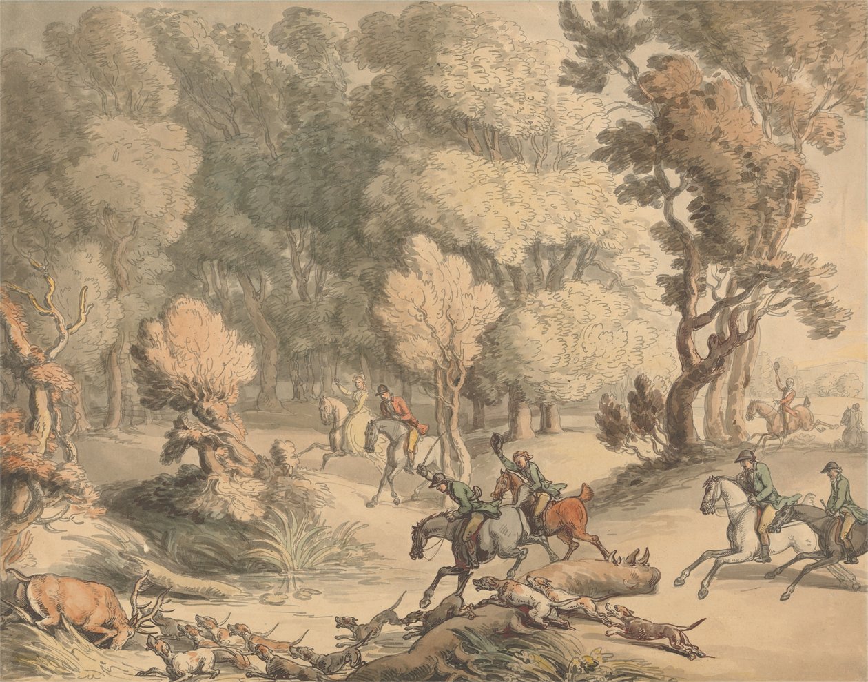 Un cerf acculé - Scène près de Taplow, dans le Berkshire. - Thomas Rowlandson