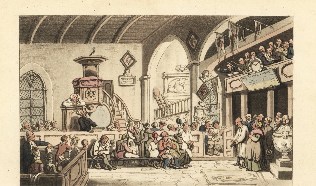 Service du dimanche dans une église de campagne, époque Regency - Thomas Rowlandson