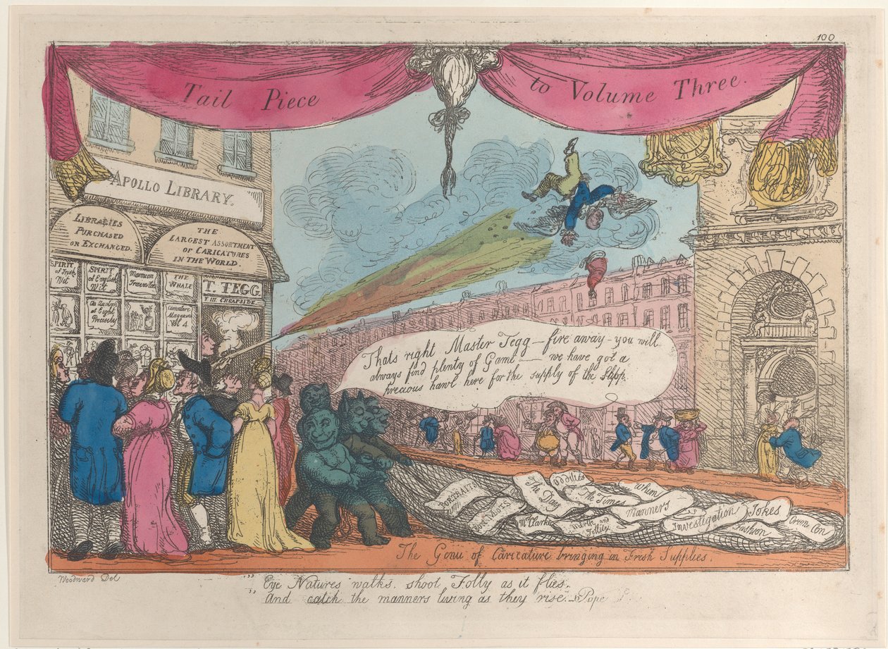 Pièce de queue du volume trois : Les génies de la caricature apportant des nouvelles fournitures, 1808-21 - Thomas Rowlandson