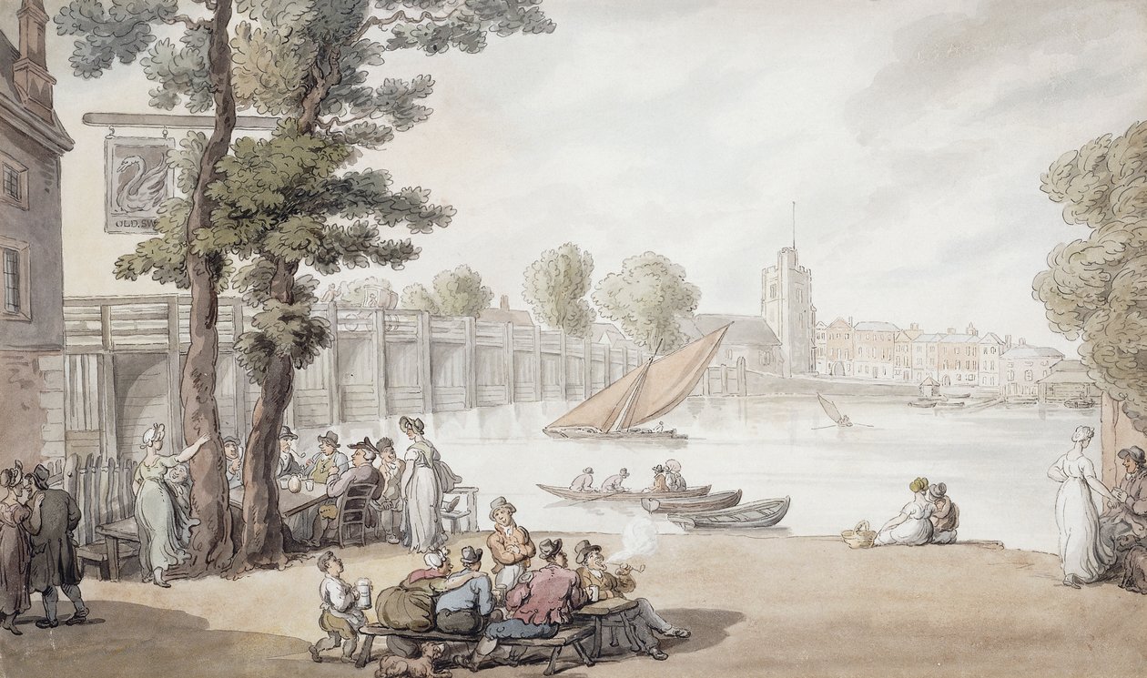 Le Vieux Swan Inn, avec une vue du pont de Putney au-delà - Thomas Rowlandson