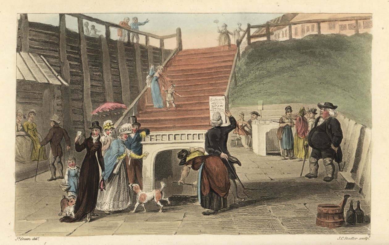 Les puits de Spa : touristes buvant l