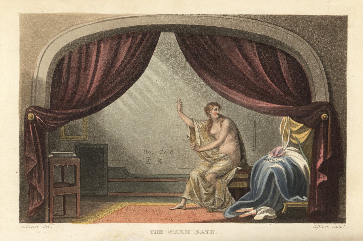 Le bain chaud : femme nue prenant un bain derrière des rideaux dans une chambre Regency - Thomas Rowlandson