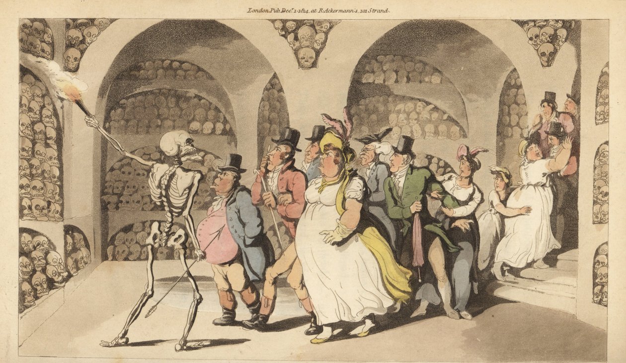 Le squelette de la Mort guide un groupe de touristes à travers les Catacombes de Paris - Thomas Rowlandson