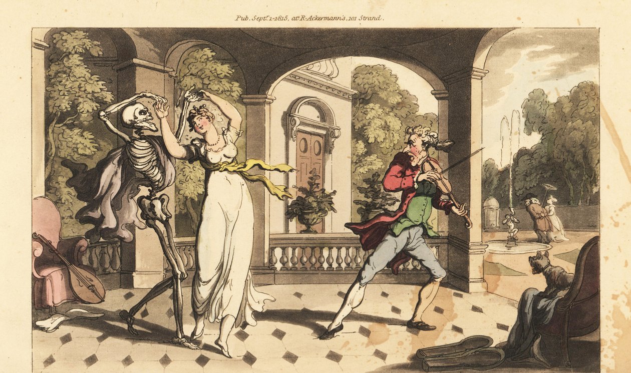 Le squelette de la Mort en cape danse une dernière valse avec la fragile Caelia, tandis que son professeur de danse regarde avec effroi. Gravure à la main en cuivre dessinée et gravée par Thomas Rowlandson de The English Dance of Death, Ackermann, Londres - Thomas Rowlandson