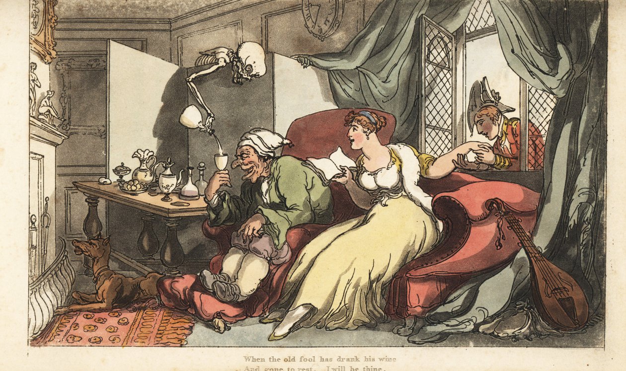 La mort verse un verre de vin fatal au vieux fou Sir Peter pendant sa lune de miel, tandis que sa jeune épouse Julia flirte avec le Major Henry à la fenêtre. - Thomas Rowlandson