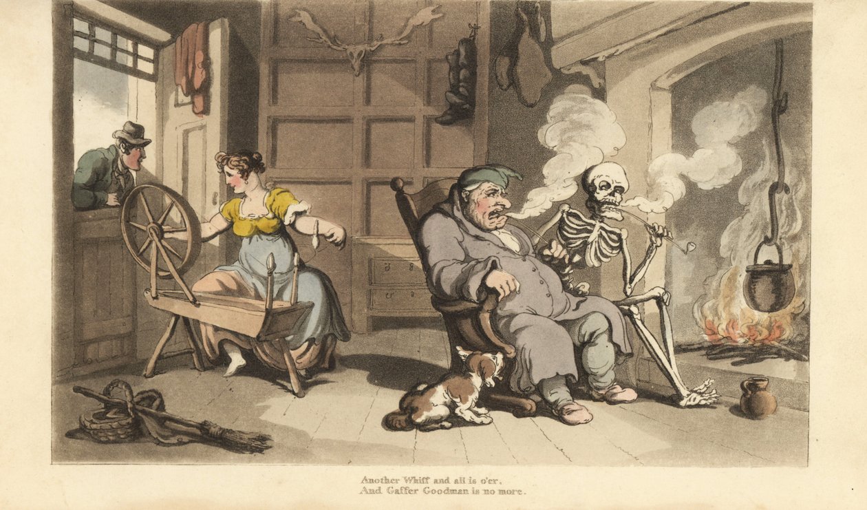 Le squelette de la Mort fume une pipe au coin du feu avec le vieux Gaffer Goodman, tandis que sa jeune femme est séduite par un prétendant à la fenêtre. Gravure à la main en cuivre dessinée et gravée par Thomas Rowlandson de The English Dance of Death, Ack - Thomas Rowlandson