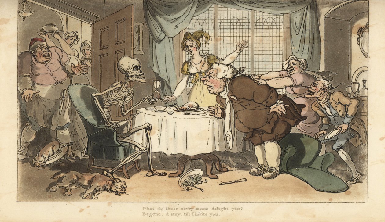 Le squelette de la Mort avec une flèche et un sablier vient pour le gourmand alors qu