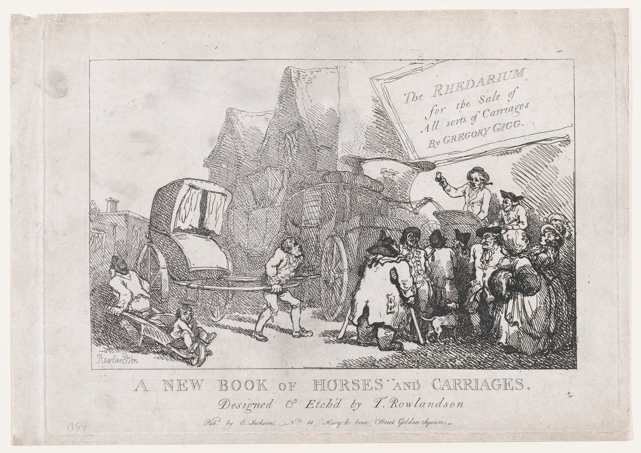 Page de titre : Un nouveau livre de chevaux et de carrosses, ou, Le Rhedarium pour la vente de toutes sortes..., 1784 - Thomas Rowlandson