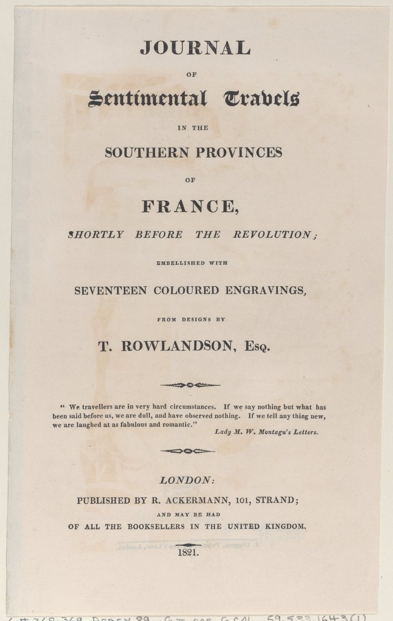 Page de titre, du Journal des voyages sentimentaux dans les provinces du sud de la France - Thomas Rowlandson