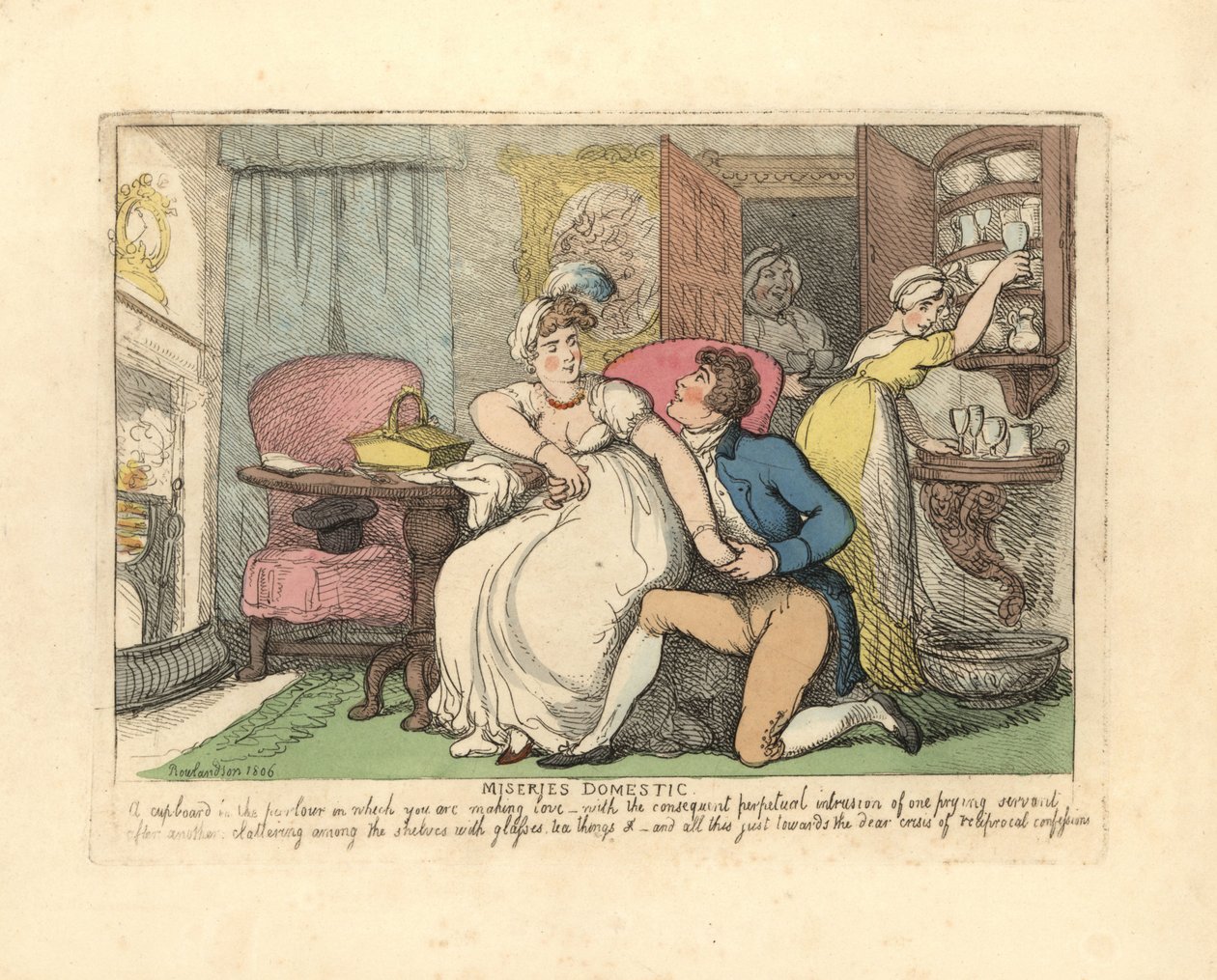 Deux amoureux dans un salon dérangés par des servantes curieuses - Thomas Rowlandson
