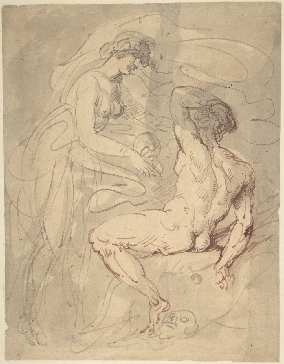 Une femme parlant à un homme nu assis - Thomas Rowlandson