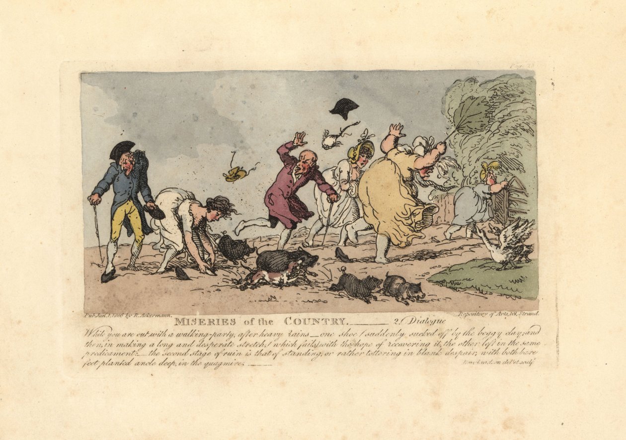 Femme sur le point de tomber avec ses chaussures coincées dans la boue - Thomas Rowlandson