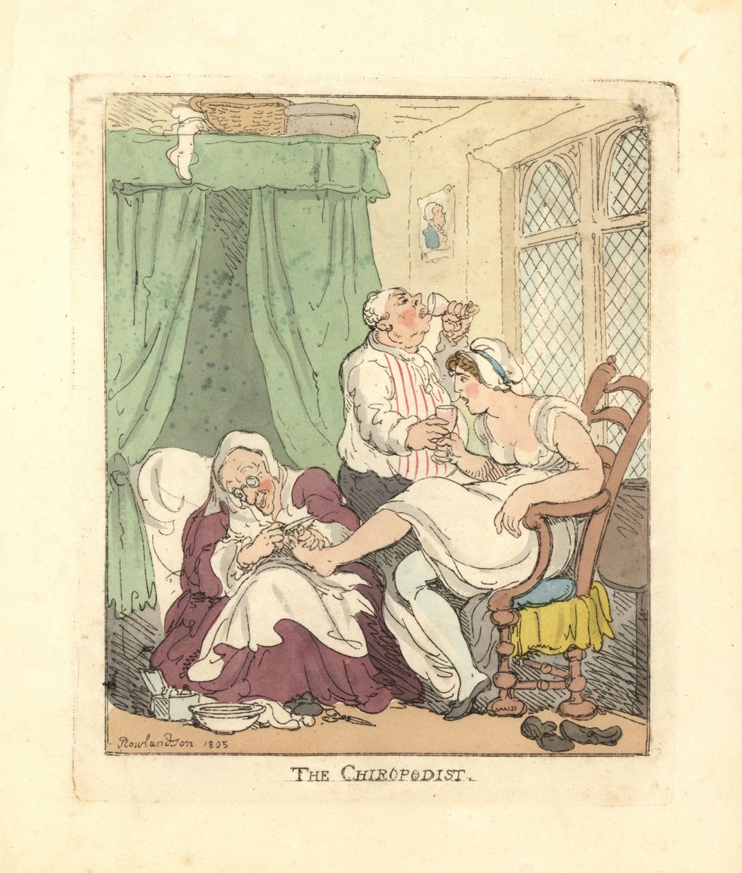 Femme se faisant traiter douloureusement les pieds par un podologue - Thomas Rowlandson