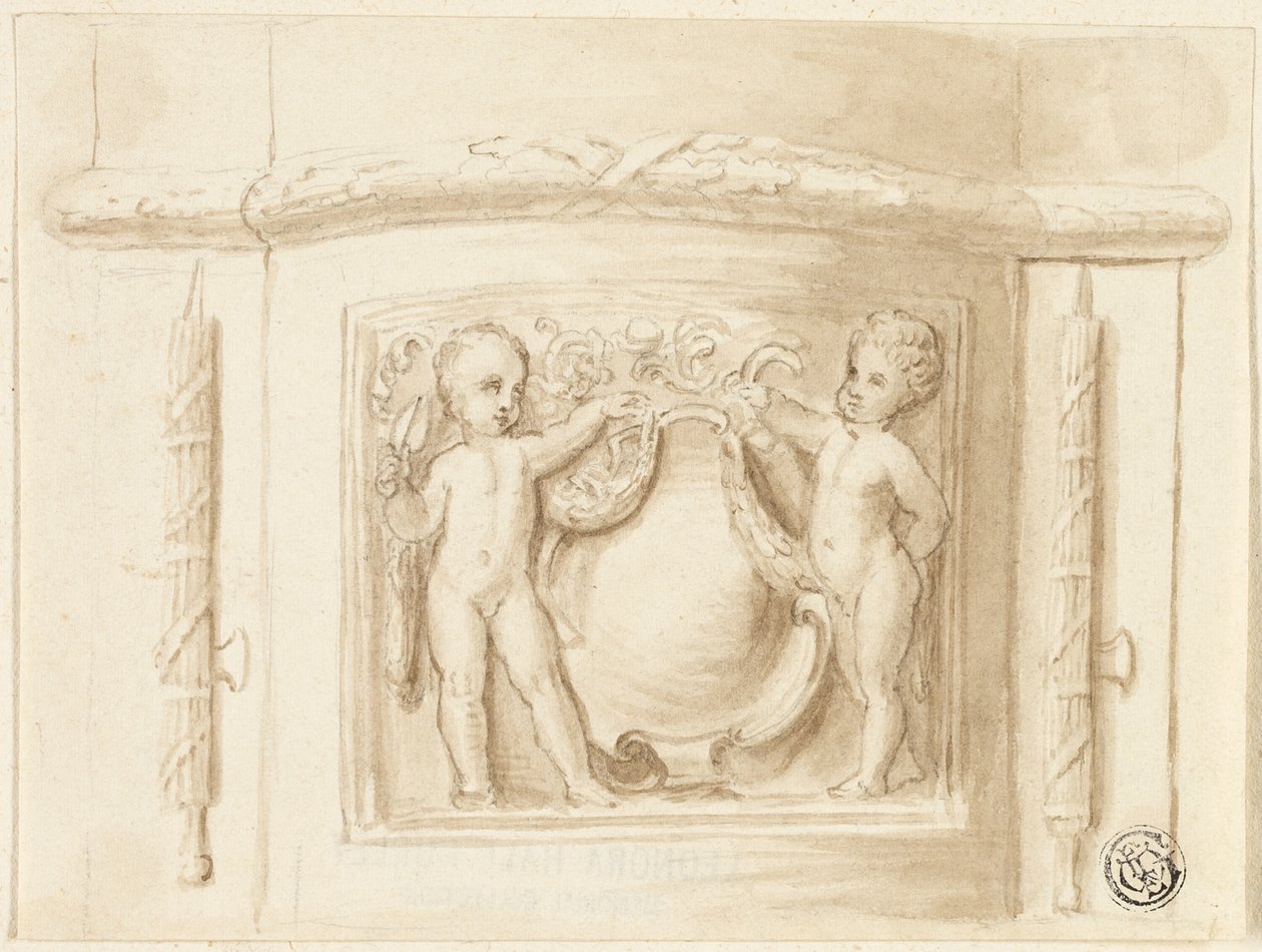 Base de pilastre avec relief, avec 2 putti, bouclier - Thomas Stothard