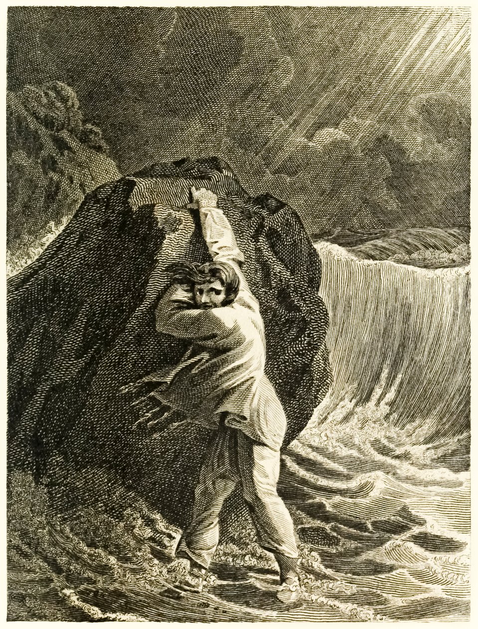 Robinson Crusoé naufragé et accroché à un rocher de La vie et les aventures surprenantes de Robinson Crusoé, marin de York par Daniel Defoe - Thomas Stothard