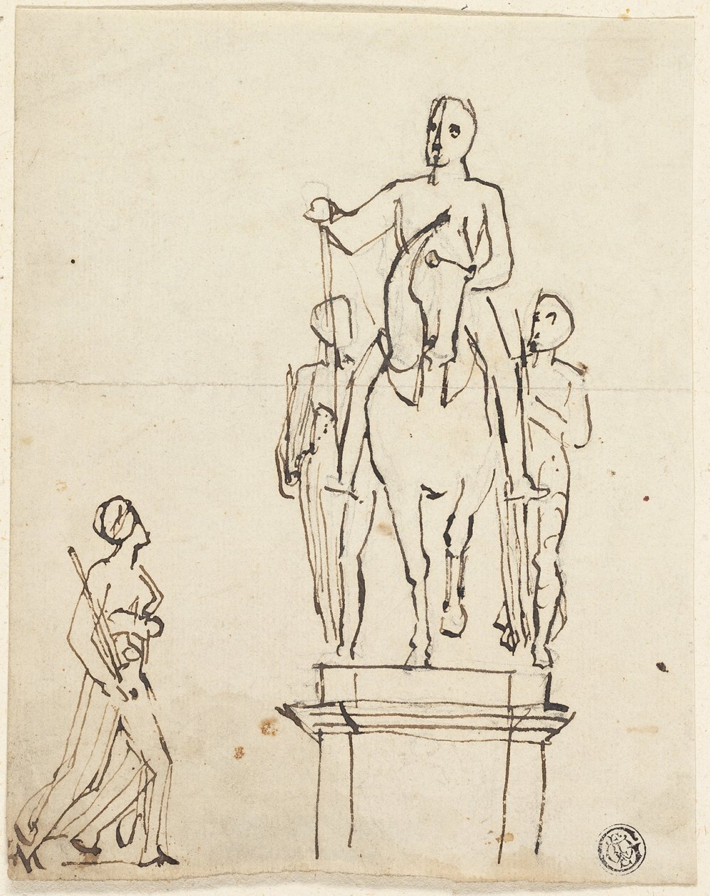 Sculpture de cavalier accompagné de deux figures debout, avec croquis de l