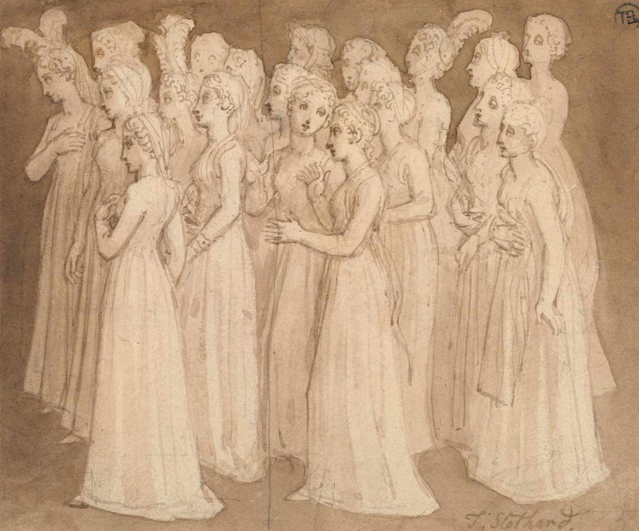 Vingt jeunes filles en groupe marchant vers la gauche - Thomas Stothard