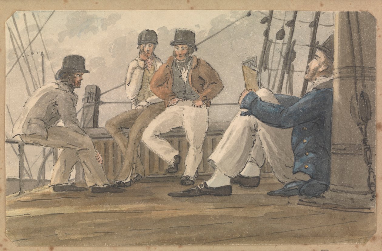 Quatre marins se détendent sur le pont, l