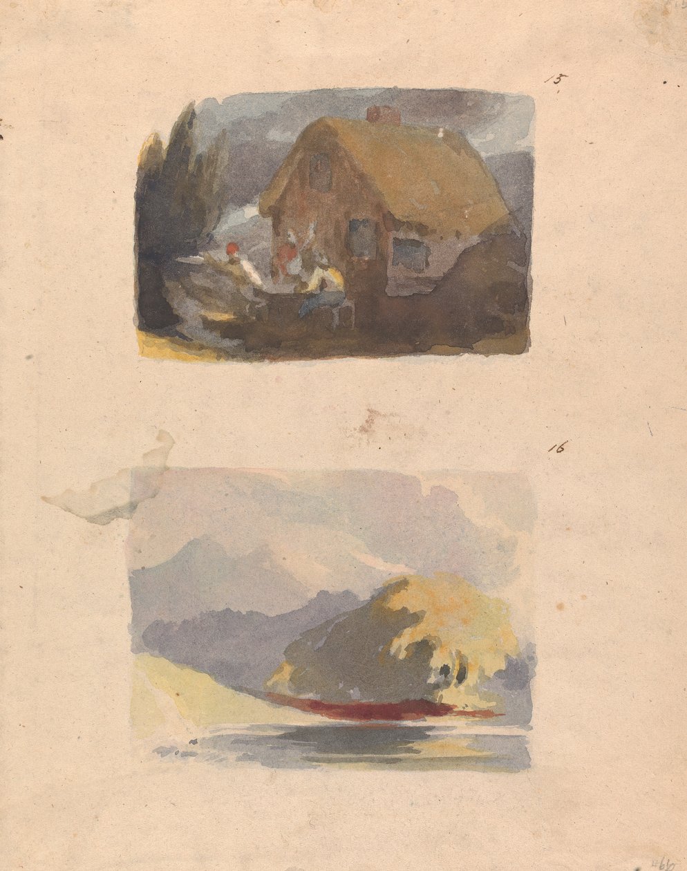 Deux dessins sur une feuille : Cottage avec figures devant (n° 15) ; Paysage avec rivière et montagnes - Soleil (n° 16) - Thomas Sully