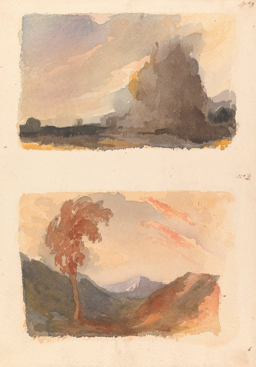 Deux dessins sur une feuille : Paysage avec grande falaise au premier plan - Principe de Cuyp (n° 3) ; Paysage avec arbre au premier plan, montagnes au loin - Principe de Both (n° 4) - Thomas Sully