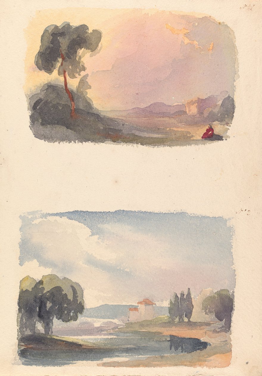 Deux dessins sur une feuille : Paysage avec montagnes au loin et figures assises au premier plan (n° 1) ; Paysage avec rivière et bâtiment, montagnes au loin (n° 2) - Thomas Sully