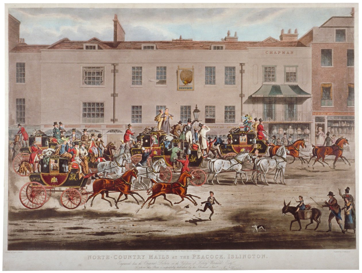 Diligences devant le Peacock Inn sur Islington High Street, Londres, 1823 - Thomas Sutherland