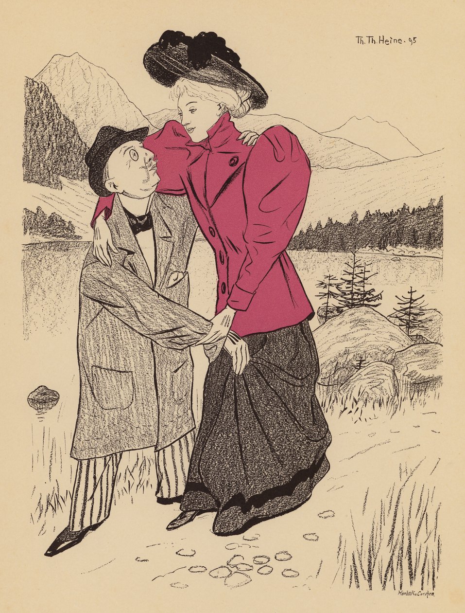 Couple de jeunes mariés en lune de miel (lithographie couleur) - Thomas Theodor Heine