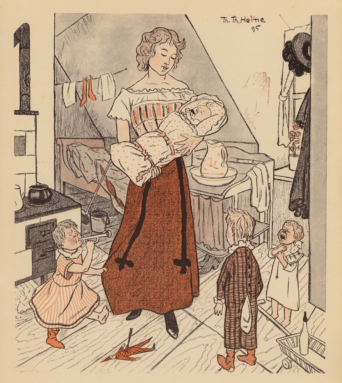 Mère célibataire avec ses quatre enfants (lithographie couleur) - Thomas Theodor Heine