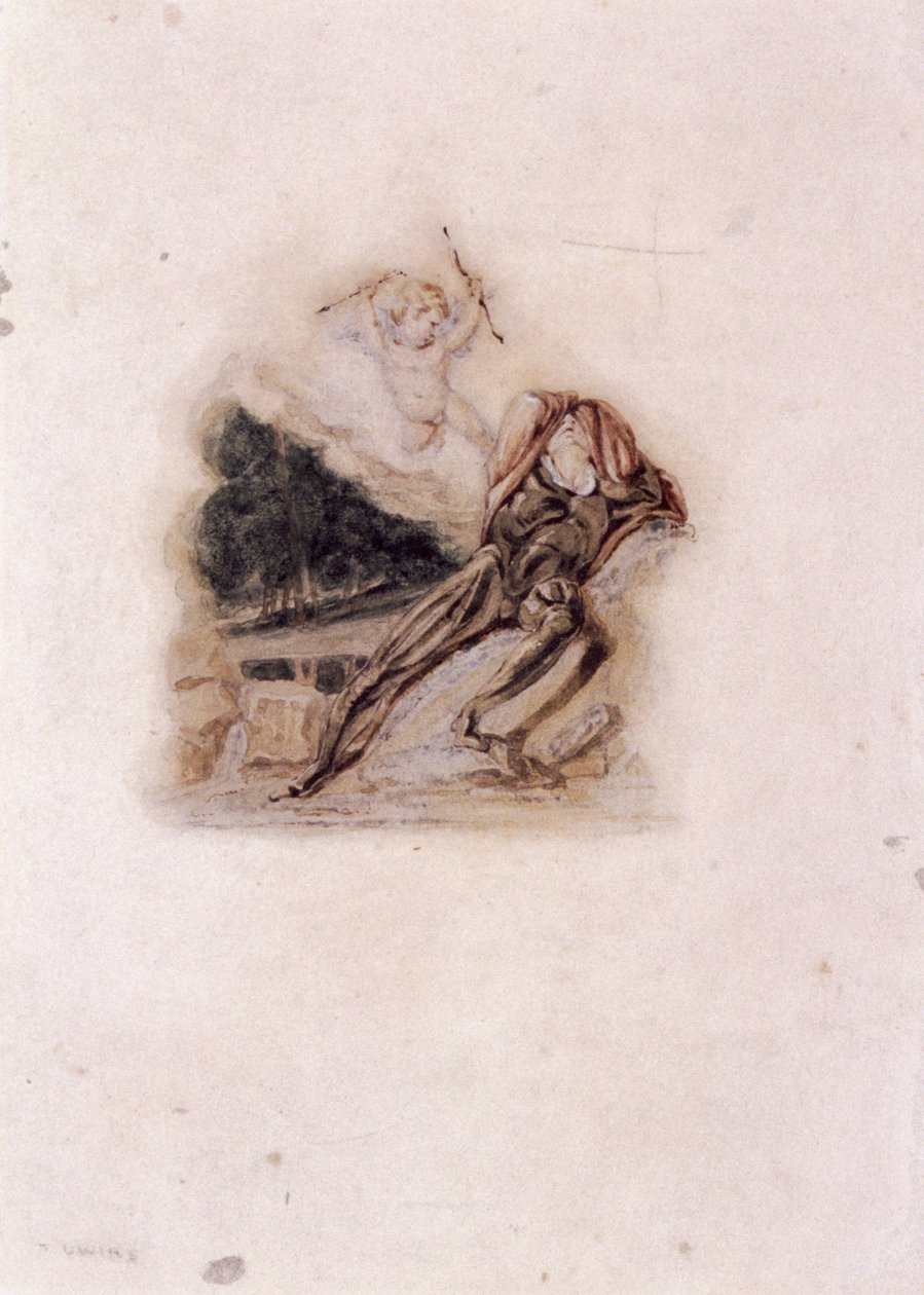 Cupidon et amant pleurant la mort d