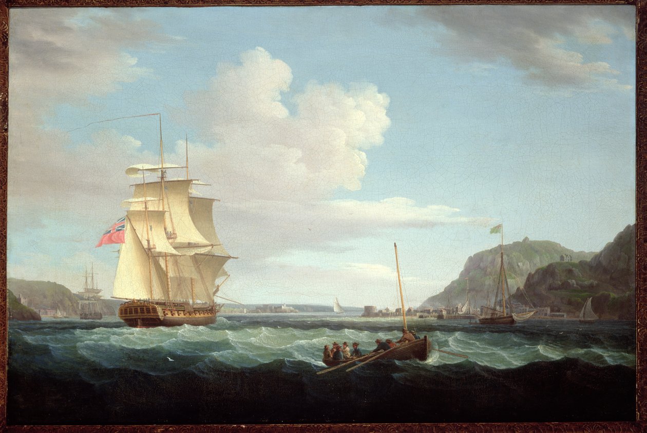 Une frégate britannique avec une chaloupe au large du cap de Gallows Hill, Broad Bay, île de Lewis, Hébrides - Thomas Whitcombe