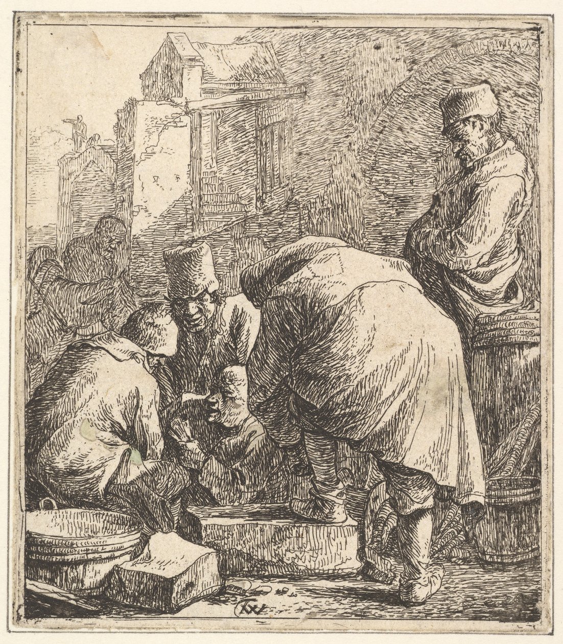 Homme ajustant ses chaussures, à gauche trois hommes jouant aux cartes, 1630-77 - Thomas Wijck