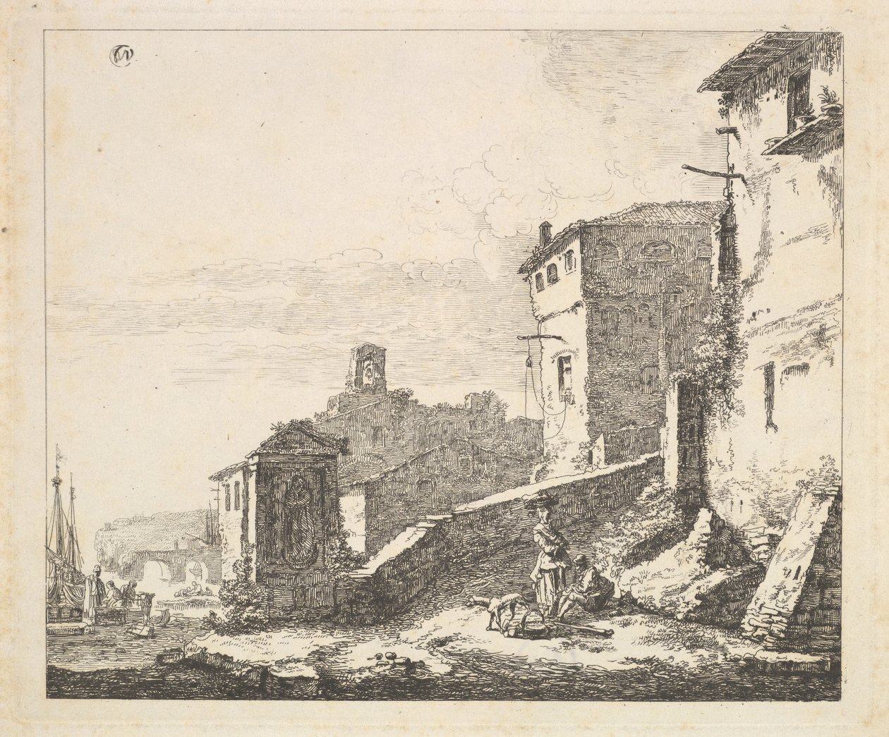 Scène de village avec une femme debout à côté d