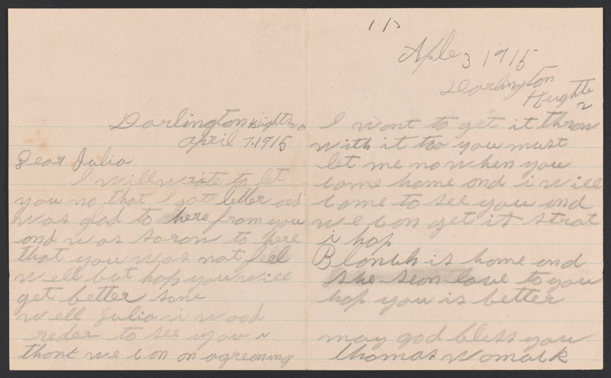 Lettre de Thomas Womack à Julia Womack avec enveloppe, 7 avril 1915 - Thomas Womack