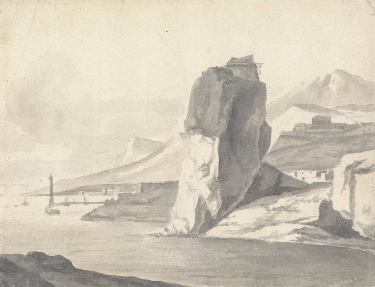 Une scène côtière (italienne) avec brise-lames, hautes falaises et un fort - Thomas Wyck