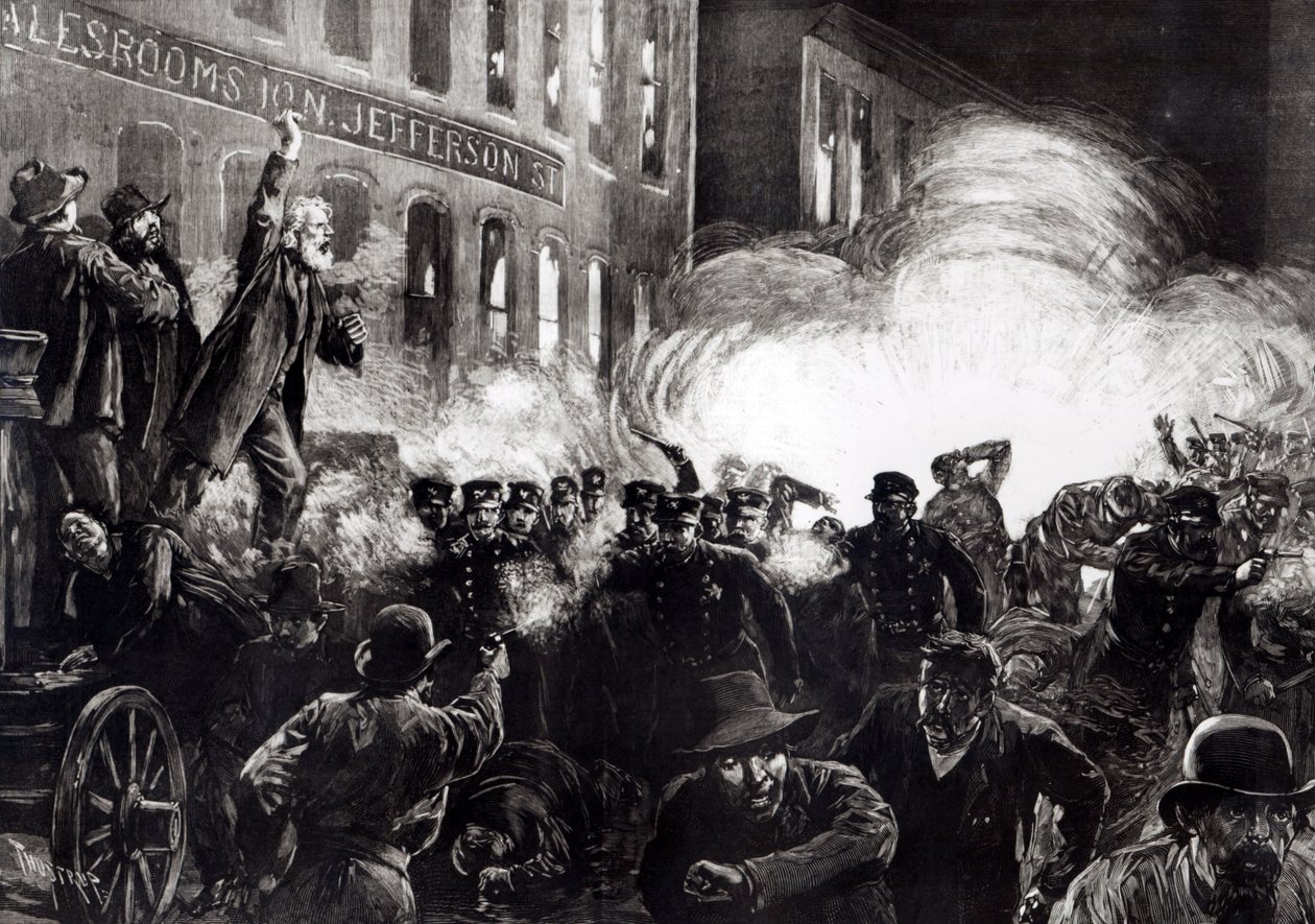 Émeute anarchiste à Chicago : une bombe dynamite explosant parmi les policiers, de 