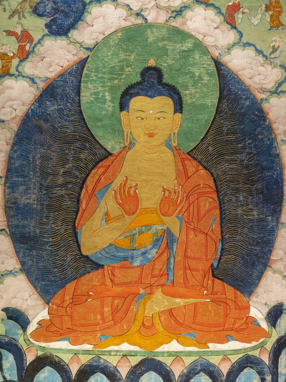 Bouddha et trois Jataka : Mahakapi, Ruru, Shaabhamiga - Tibetan School