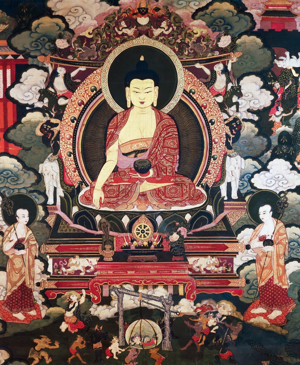 Bouddha assis entre ses deux grands disciples Cariputra et Maudgalyayana, scènes de la vie de Bouddha Sakyamuni, civilisation tibétaine - Tibetan School