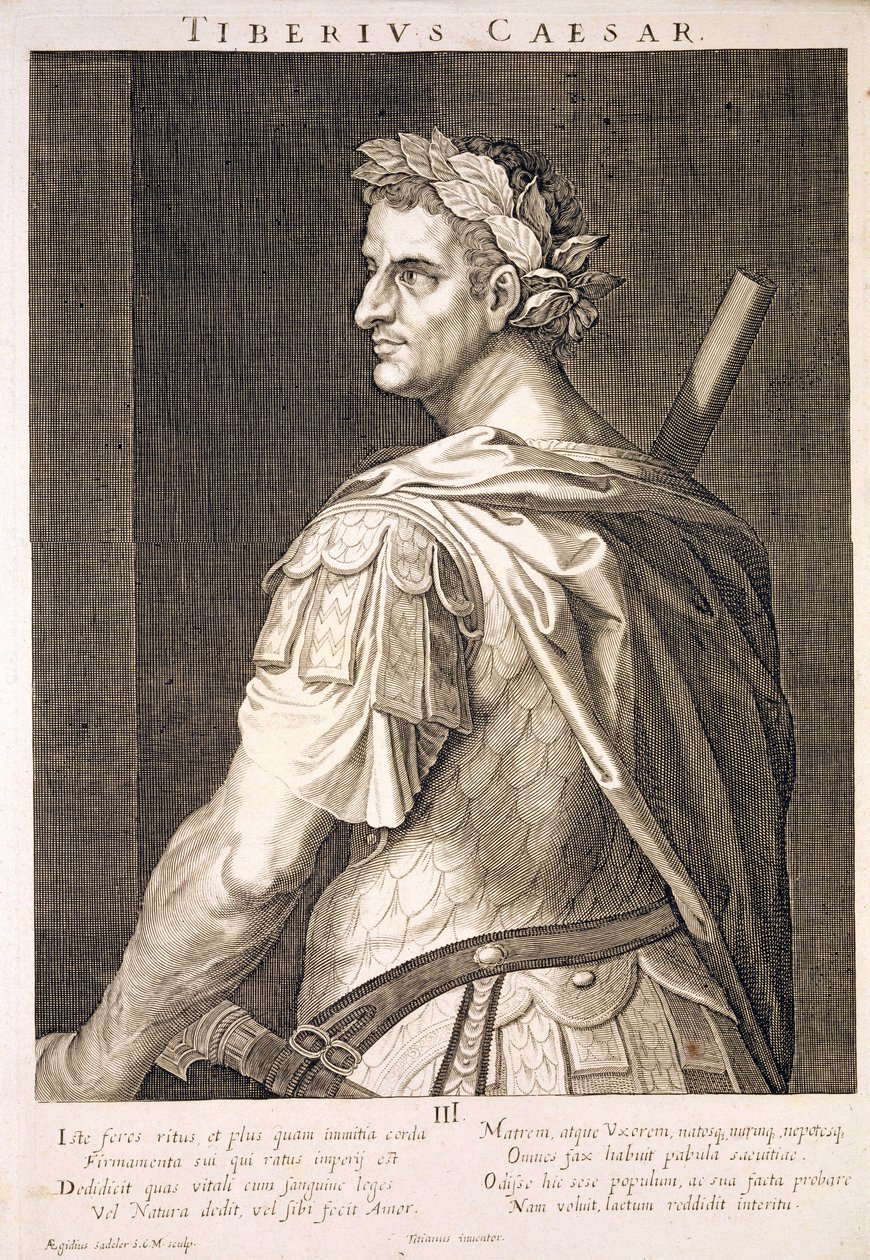 Tibère César (10 av. J.-C. - 54 ap. J.-C.) Empereur de Rome 14-37 ap. J.-C. gravé par Aegidius Sadeler - Tiziano Vecelli