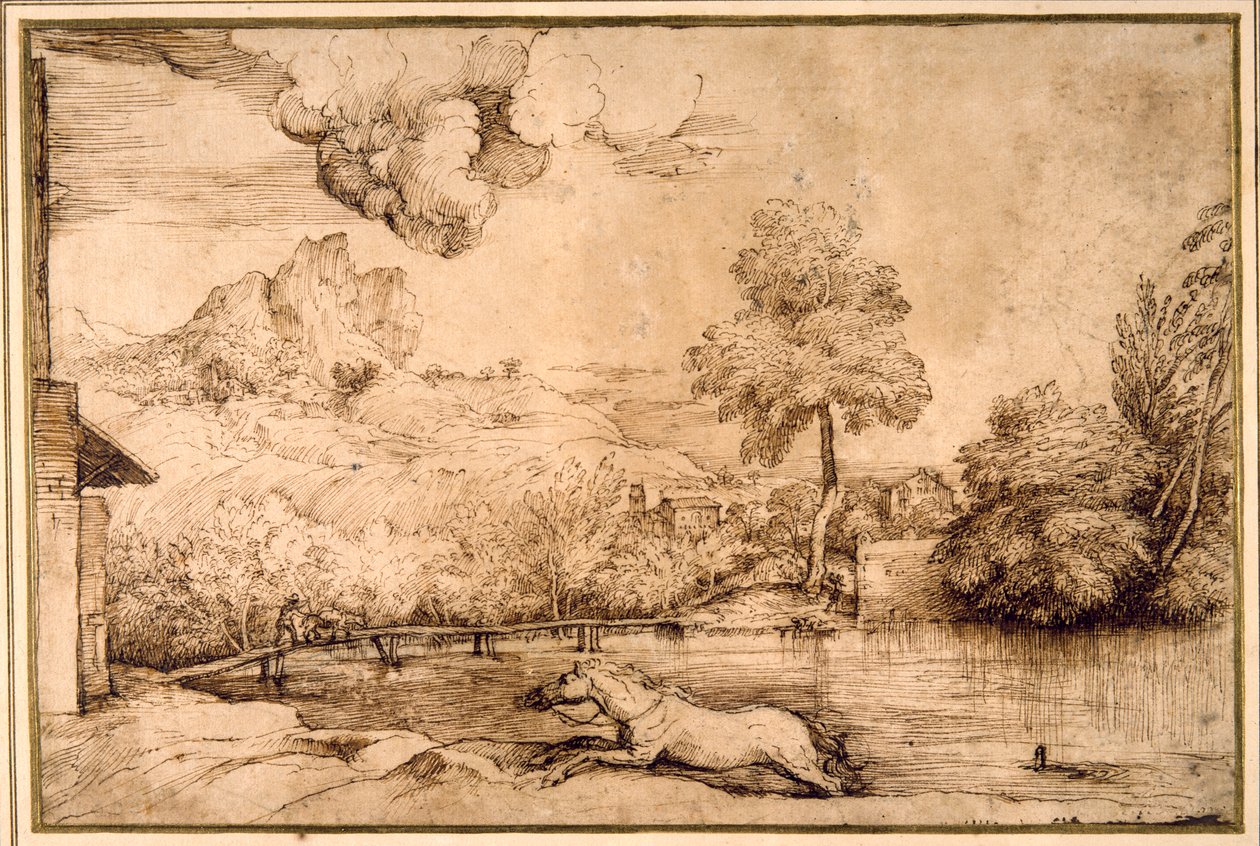 Paysage : un cheval sans cavalier poursuivi par un serpent - Titian (c.1488 1576)