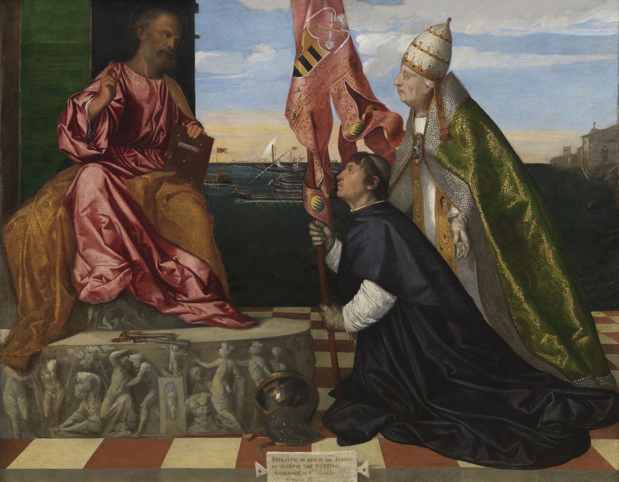 Dutch : Jacopo Pesaro, évêque de Paphos, présenté par le pape Alexandre VI Borgia à Saint Pierre Jacopo Pesaro, évêque de Paphos, présenté par le pape Alexandre VI à Saint Pierre - Titian