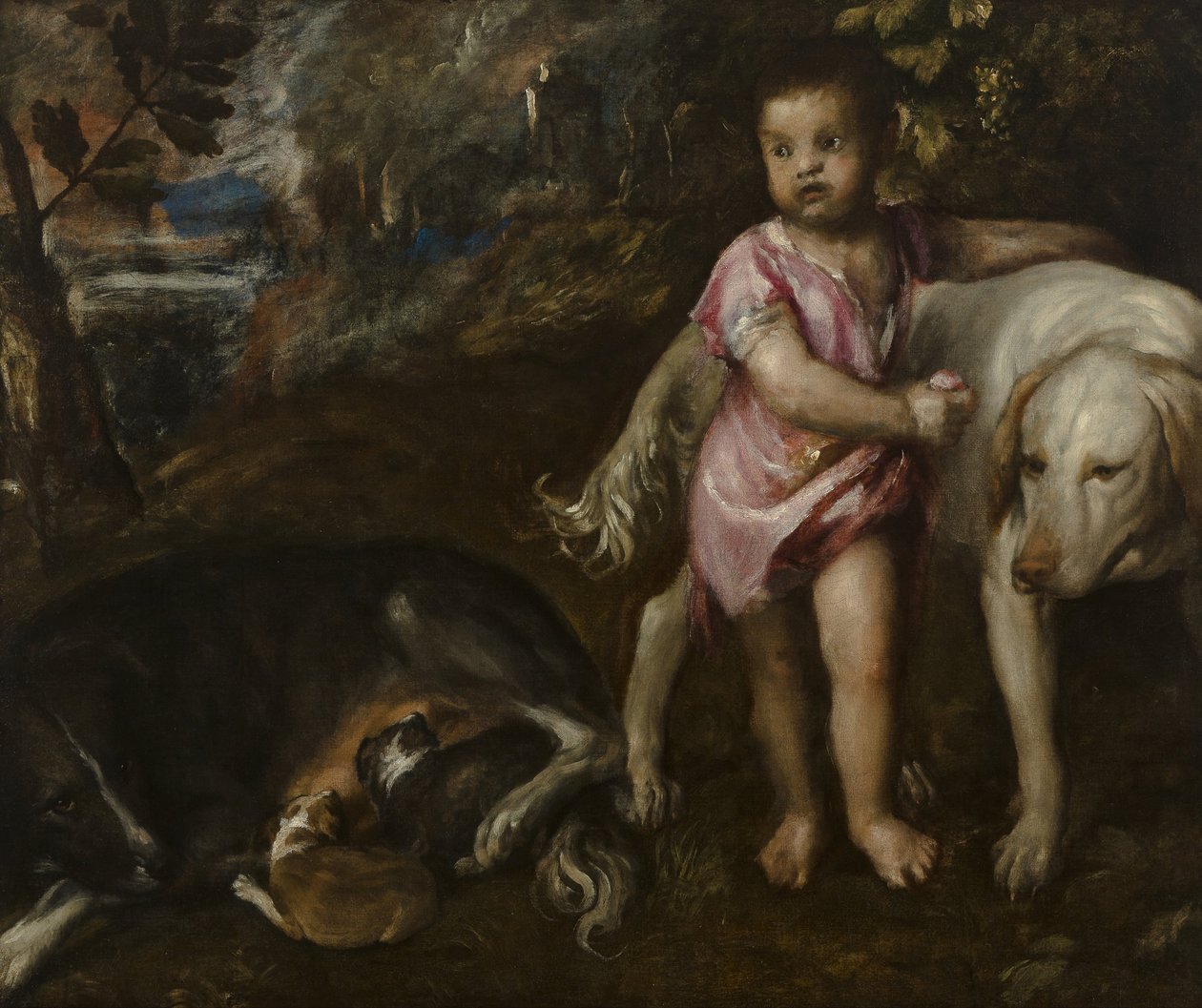 Garçon avec des chiens dans un paysage - Tiziano Vecelli