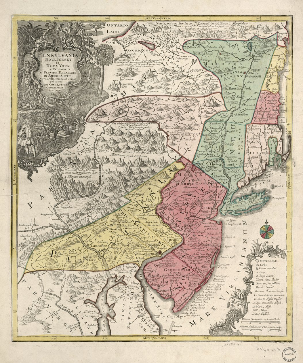 Relief montré picturalement. Couvre également la Nouvelle-Angleterre (déformée) et la région nord de la baie de Chesapeake. Titre en latin; notes en allemand et latin; légende en latin, allemand et anglais. Méridien non identifié. Provinces indiquées par d - Tobias Conrad Lotter